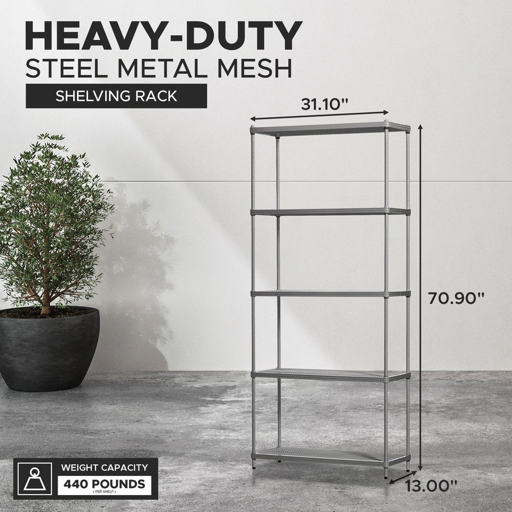 Design Ideas MeshWorks 5 Tier Steel Storage Shelving Unit Bookshelf, Green