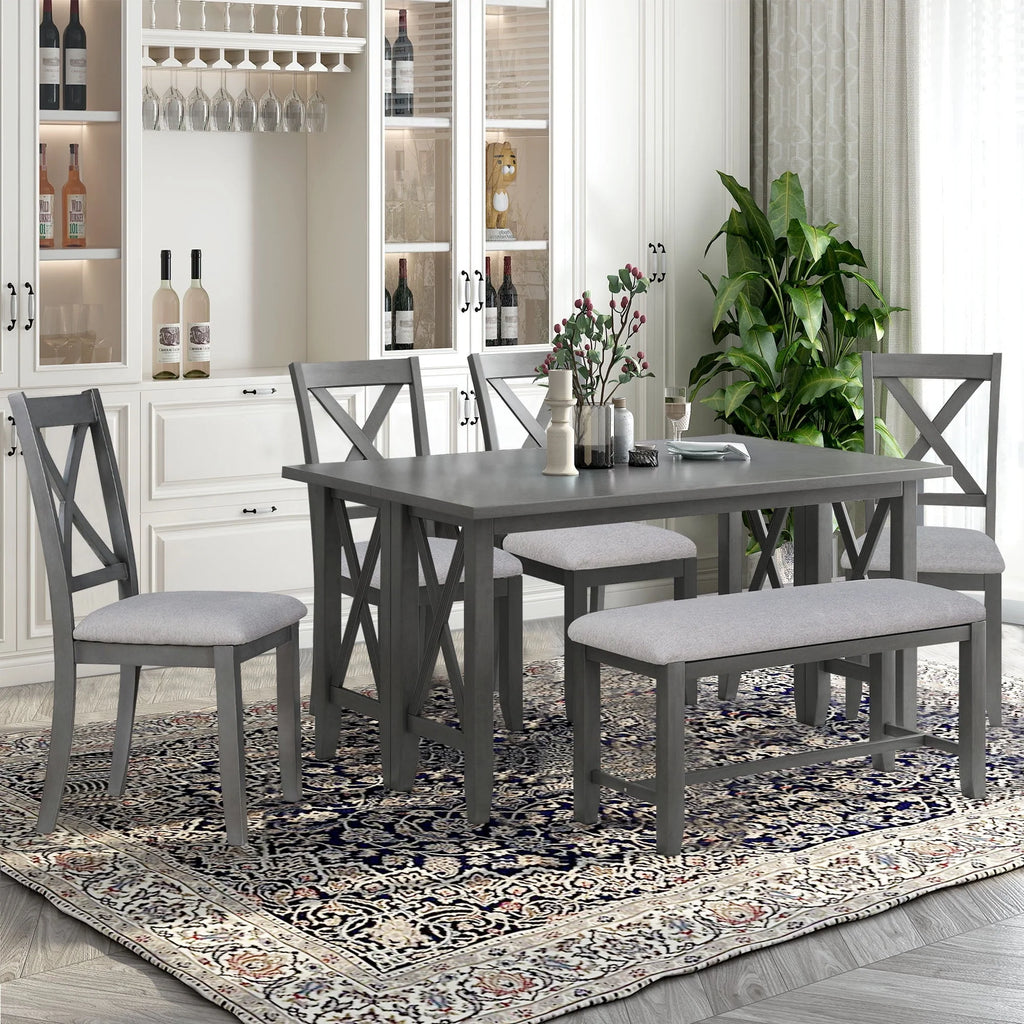 HANSHE Dining Table Set for 6, Farmhouse Dining Table Set with Foldable Table, Bench & 4 Chairs, Kitchen Table Sets with Chairs, Dining Room Set for Home Apartment Dorm, Gray