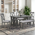 HANSHE Dining Table Set for 6, Farmhouse Dining Table Set with Foldable Table, Bench & 4 Chairs, Kitchen Table Sets with Chairs, Dining Room Set for Home Apartment Dorm, Gray