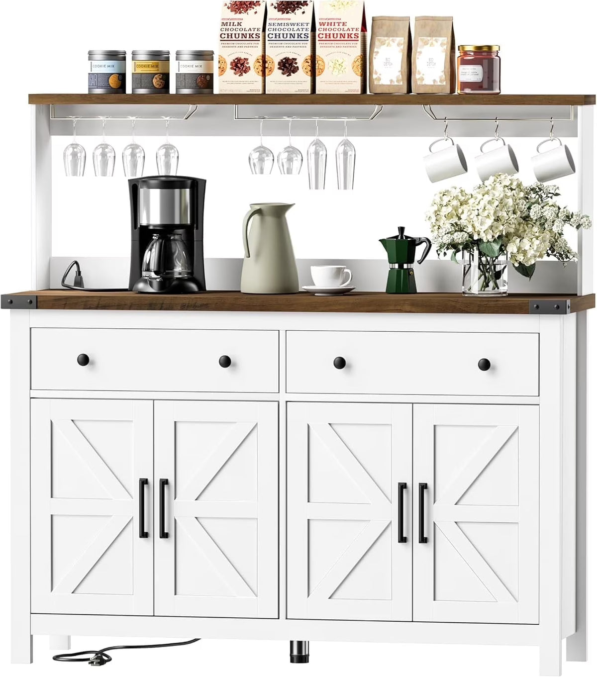 Winkalon Coffee Bar Cabinet with Hutch, 55" W Kitchen Buffet Sideboard Cabinet with 2 Drawers & USB Power Station, Black