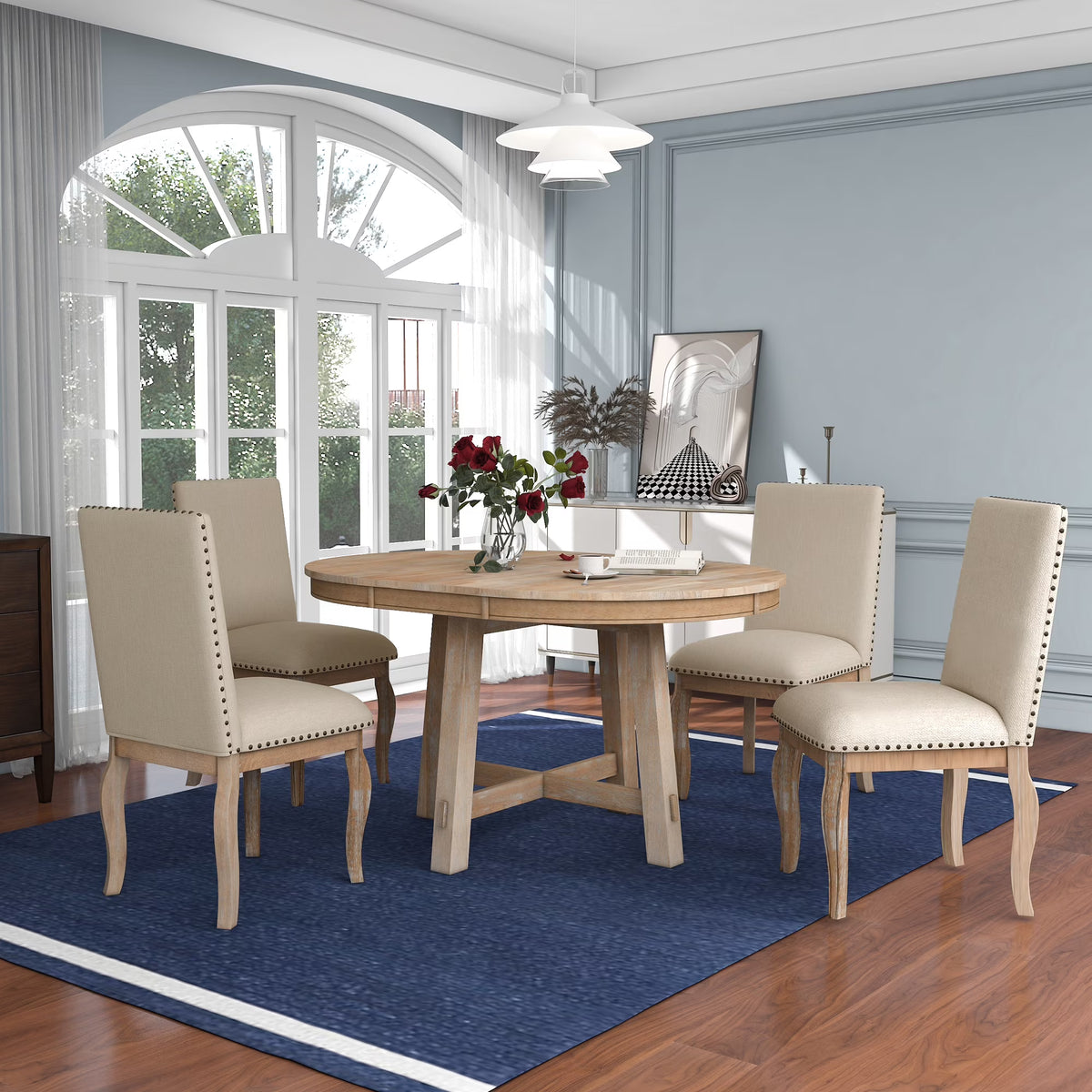 Sumdeal 5-Piece Farmhouse Dining Table Set, Wood Round Extendable Dining Table and 4 Upholstered Dining Chairs (Espresso-1Table 4 Chairs)