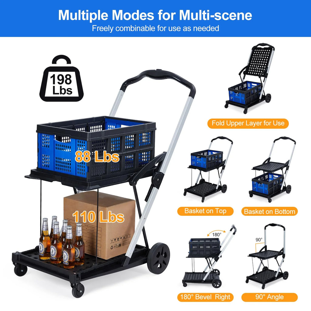 Collapsible Utility Cart, Multi Use Functional Collapsible Shopping Carts, 2-Tier Collapsible Shopping Cart with Storage Crates, Heavy Duty Utility Cart Folding Trolley for Shopping, Picnic and Office
