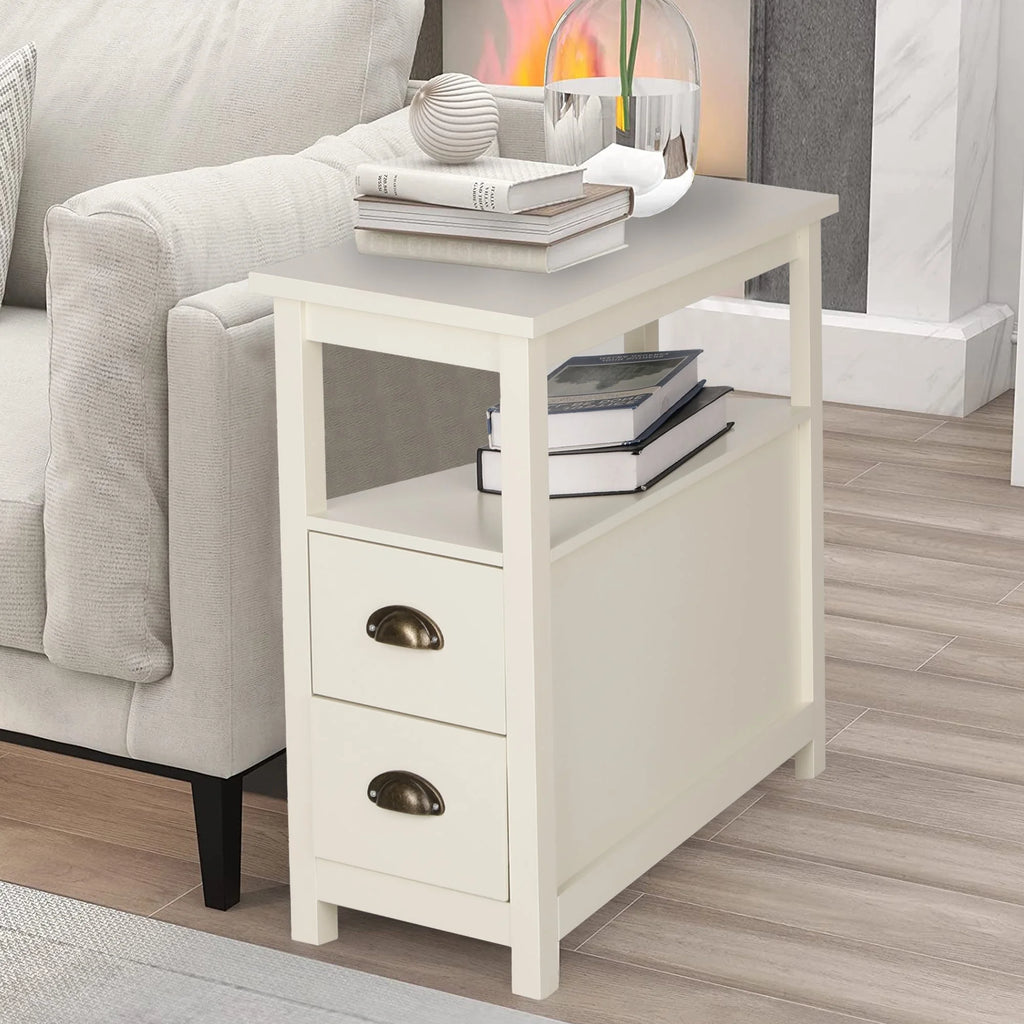 Alpha Joy Narrow End Table 4-Tier Small Side Table with 2 Drawers Nightstand Side Table Bedside Table Sofa Table, White, 2PCs