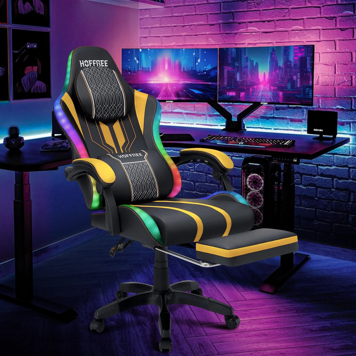 HOFFREE Big and Tall Gaming Chair with Speakers and RGB Lights, Gamer Chair with Footrest, Lumbar Support Height Adjustable 360-Swivel Seat and Headrest for Adults, 400lbs