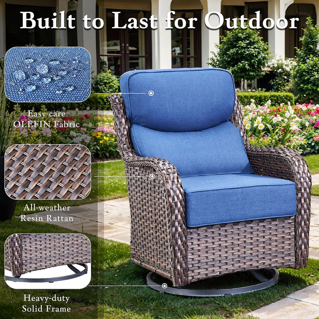 Bellefurn Luxury Outdoor Patio Furniture Set,Swivel Rocker Patio Chairs with 6-inch Thick Cushion,Patio Sofa and Glass Coffee Table,Outdoor Conversation Set for Porch, Deck, Yard