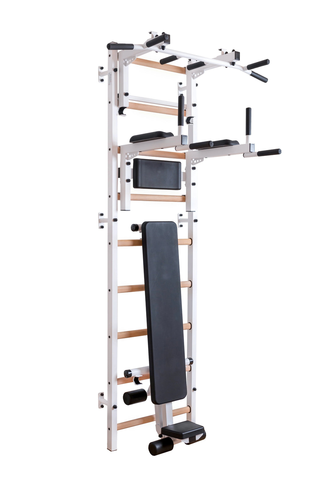 BenchK 733 White Wall bars with convertible steel 6-grip pull-up bar that can also be used as a barbell holder, dip bar with back support and advanced workout bench