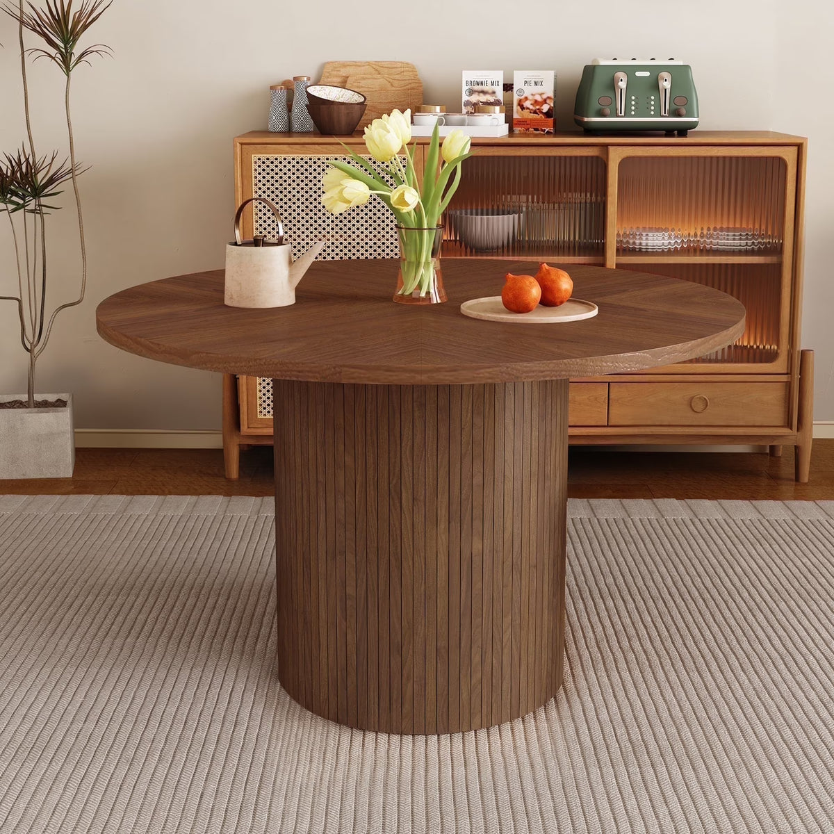 Wirrytor Round Dining Table, Modern Farmhouse Kitchen Table, 47 Inch Coffee Circle Dining Tables with Wood Strip Base for Kitchen Living Room, Black