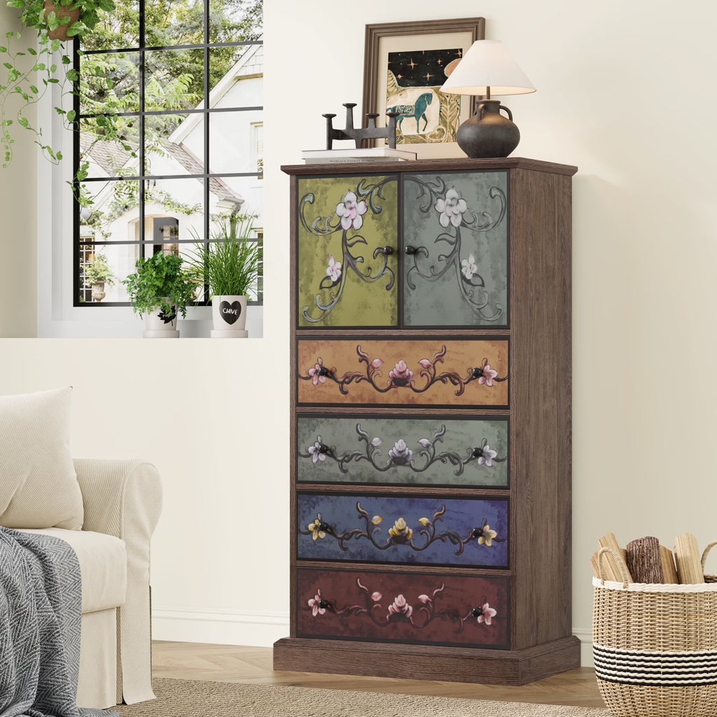 Homfa 50�� Tall Dresser with 4 Drawers, Boho Vintage Dresser with 2 Doors, Wood Drawers Chest for Bedroom Living Room Entryway
