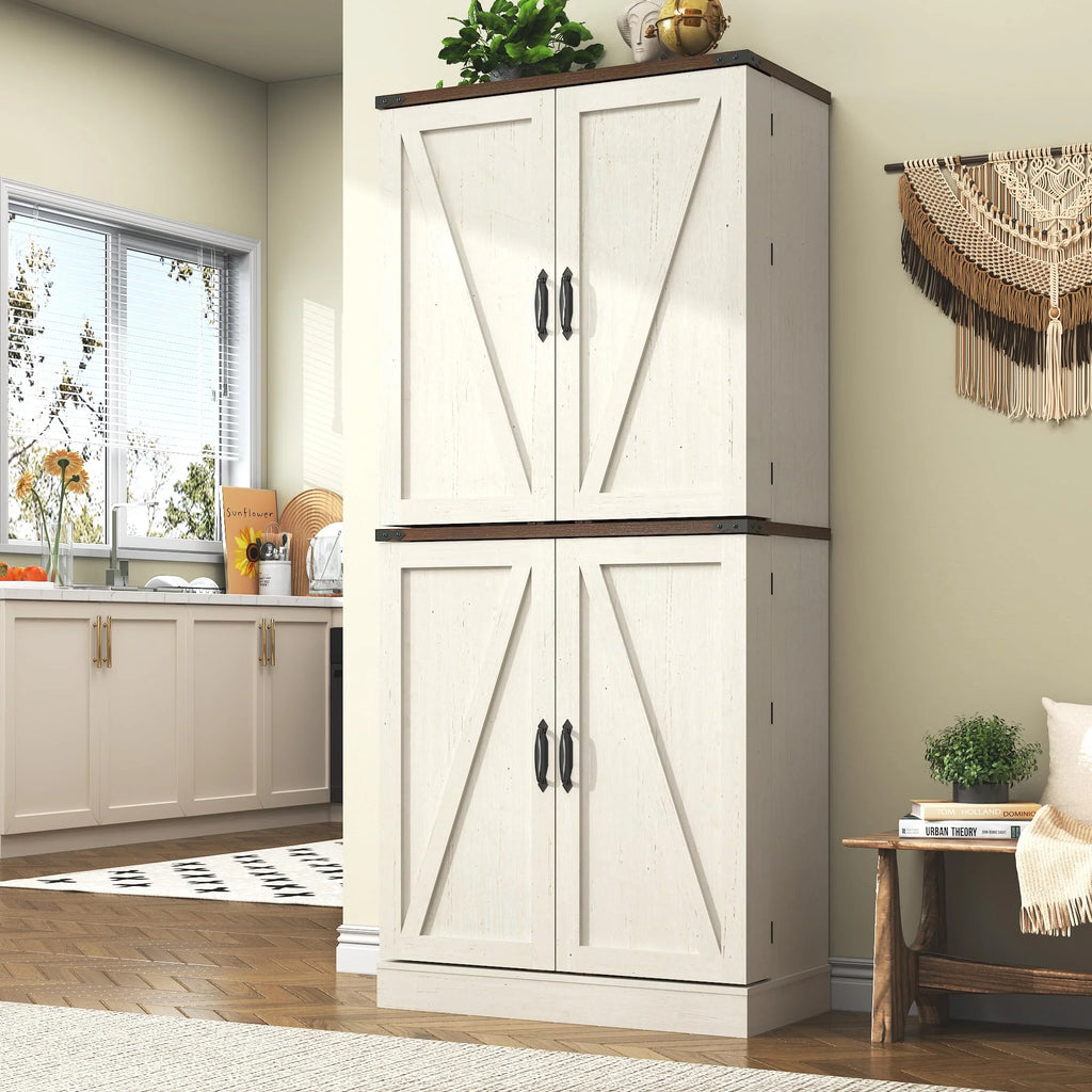 71" Tall Farmhouse Kitchen Pantry with 12 Side Shelves & Adjustable Shelves, 5 Layers Pantry Storage Cabinet w/Load-Bearing Steel Pipe & 4 Barn Doors for Kitchen, Dining Room, Living Room, Brown