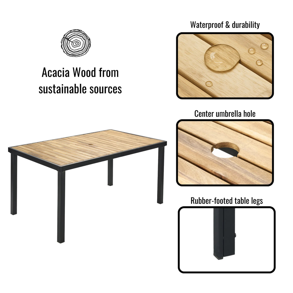 Seizeen 7-Piece Outdoor Table and Chairs, Patio Table Set with 6 Rattan Chairs, All-weather Outdoor Patio Dining Sets Rectangular Metal Table with Acacia Wood Top, Umbrella Hole, Gray