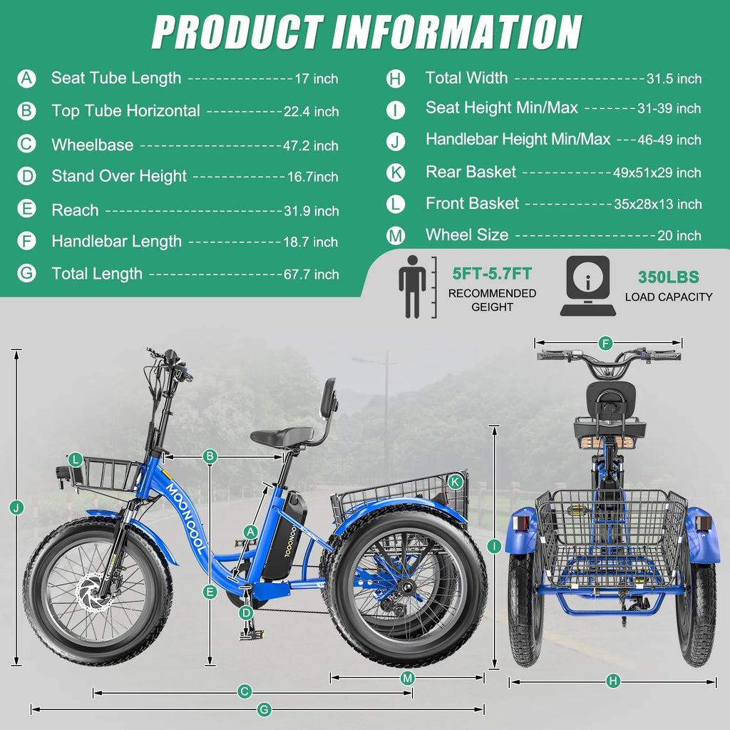 20" x 4" Fat Tire Electric Tricycle for Adult, 7 Speeds Electric Trike 48V 500W Motorized Tricycle , Electric Three Wheels Bicycle for Senior, Aluminum Frame & Rear Basket ,16mph