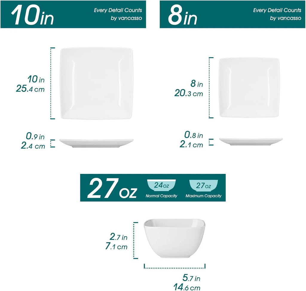 Dinnerware Sets 12 Pieces, Stoneware Square Place Setting, Dinner Plate, Dessert Plate, Bowls Service for 4