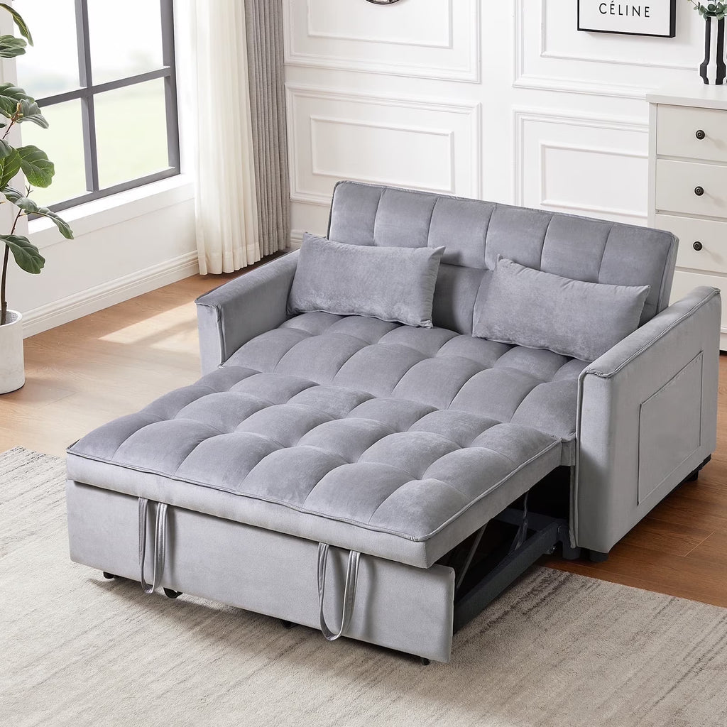 BINBANK Black Velvet 3-in-1 Convertible Sleeper Sofa Bed a?? USB Charging, Adjustable Backrest Pull-Out Futon Loveseat Couch for Living Room, Apartment & Small Space