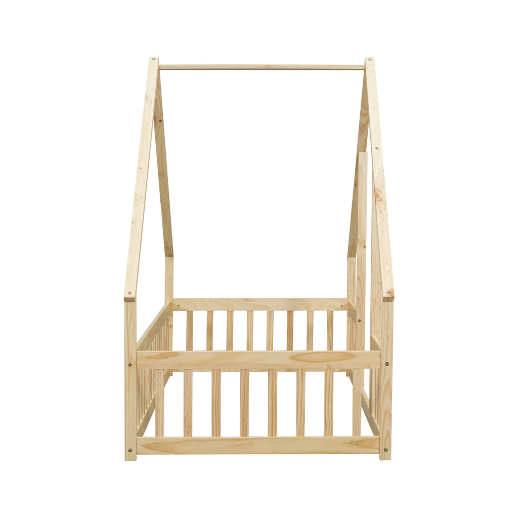 Bellemave Twin Size Floor Bed Frame, Wooden House Bed Twin Size with Fence, Montessori Bed with Guardrails for Bedroom (White)
