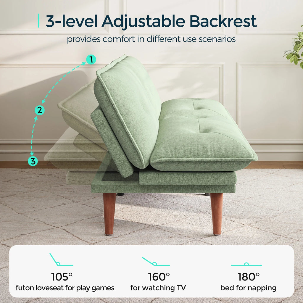 Linsy Home 70" W Chenille Convertible Futon Sofa Bed with Adjustable Armrests, Green