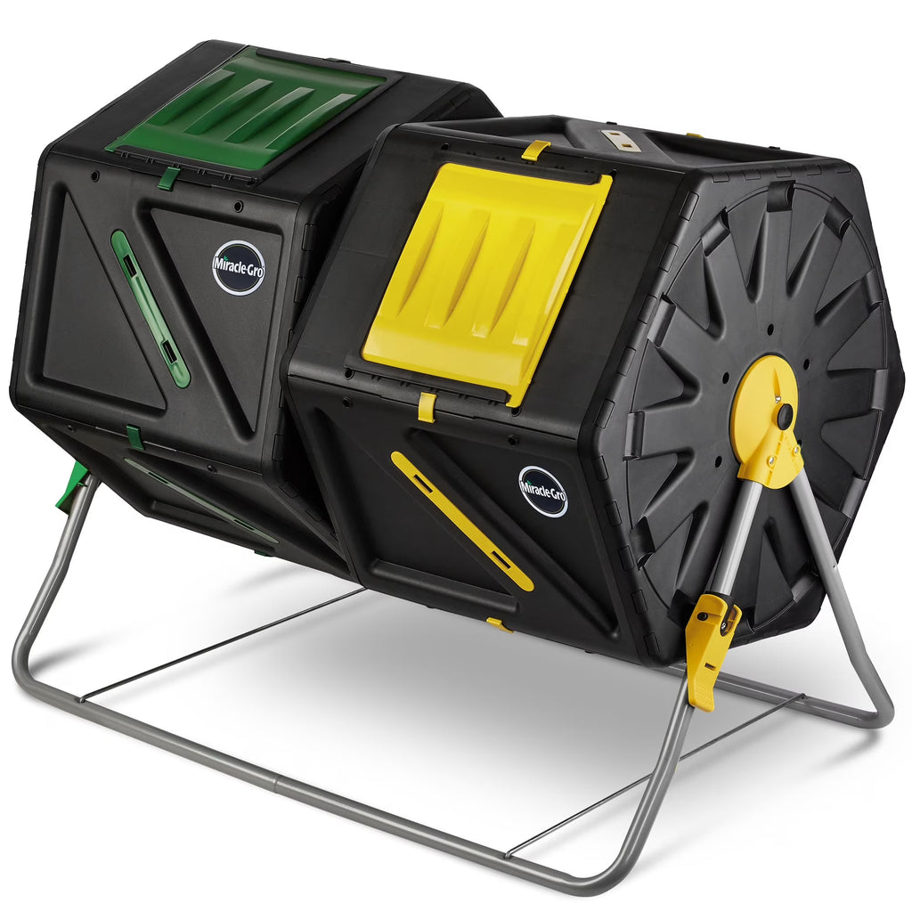 Miracle-Gro Large Dual Chamber Compost Tumbler Easy-Turn, Fast-Working System - All-Season, Heavy-Duty, High Volume Composter with 2 Sliding Doors - Gardening Gloves Included