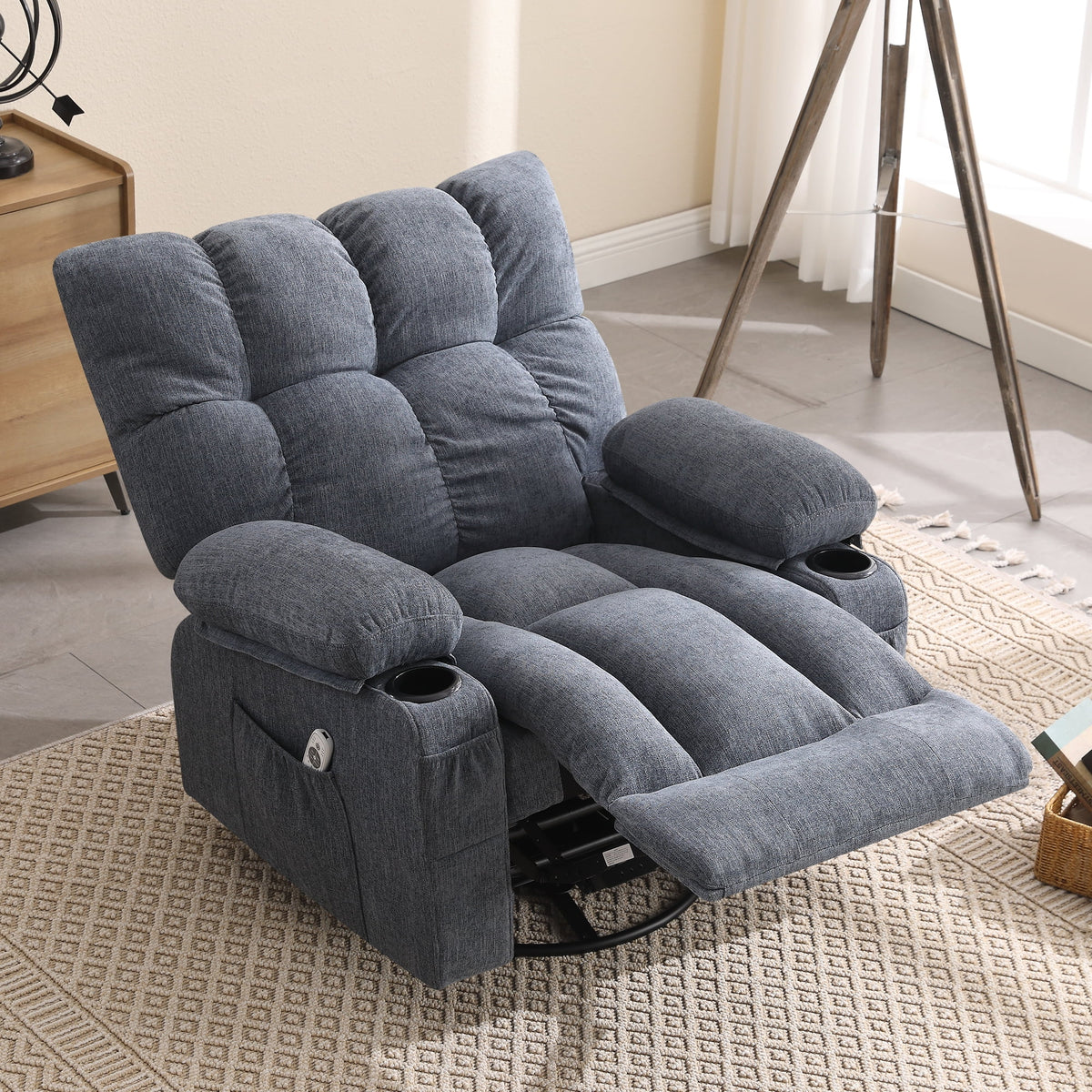 JONPONY Manual Recliner Chair with Heat Therapy and Massage Function, Heavy Duty Reclining Mechanism Massage Chair, Elderly Single Rocker Sofa with Cup Holders for Bedroom Home Theater,Grey