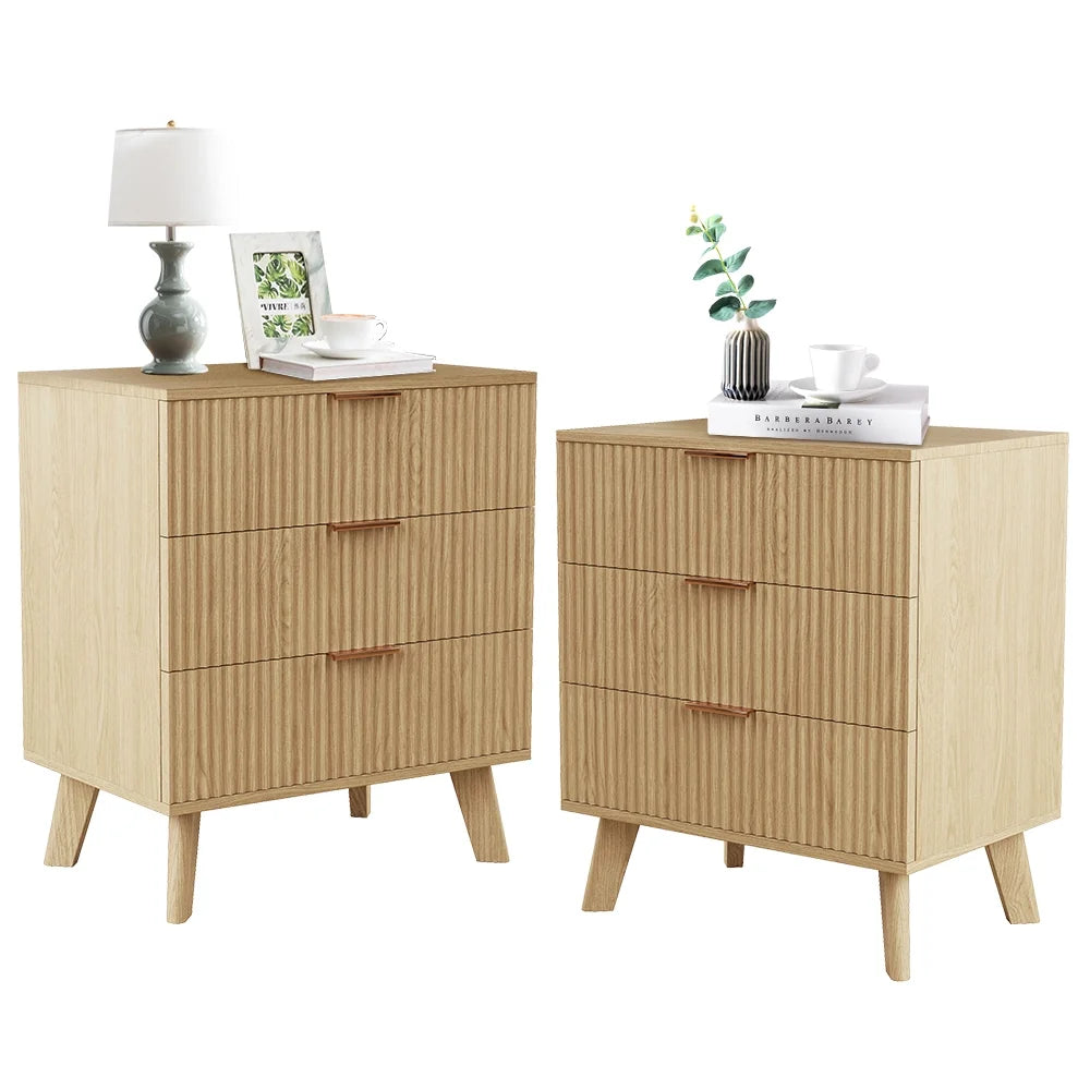 YOCWO Fluted Nightstand for Bedroom Set of 2 , Wood Bedside Table Set of 2 with Drawers, Black