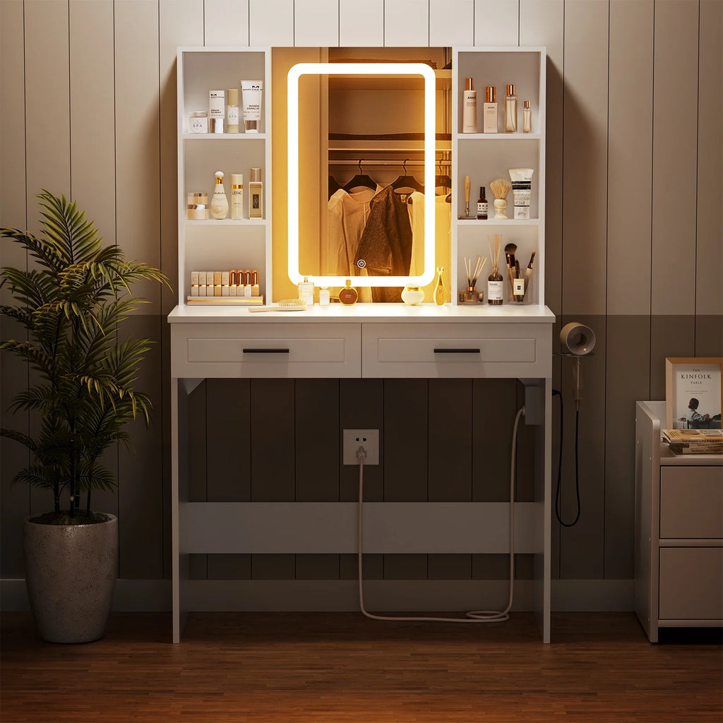 Hommpa Vanity, Makeup Vanity with LED Lighted Mirror Vanity Desk with Drawers Vanity Table with Charging Station for Girls Bedroom Storage Shelves, White