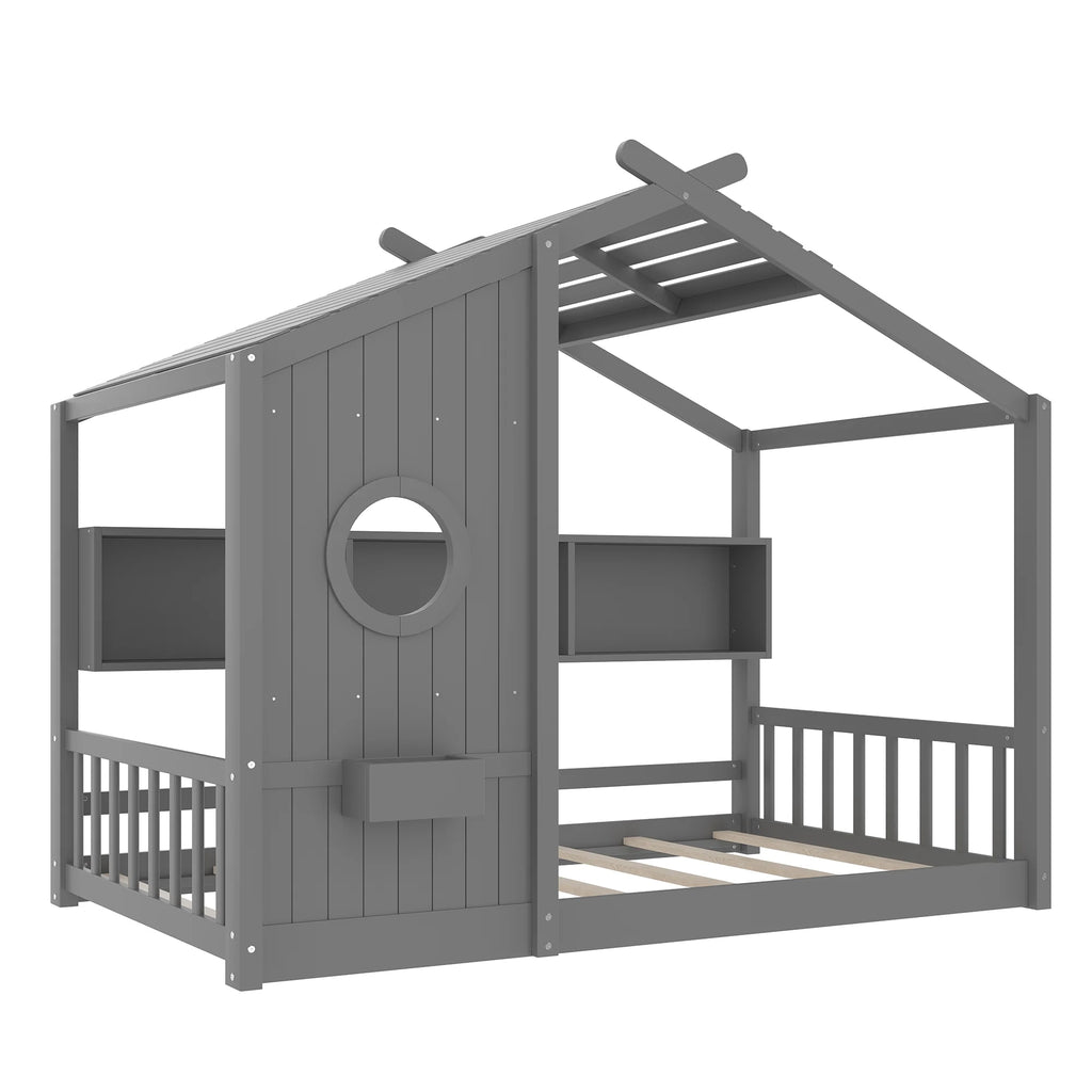 Miniyam Twin Size Montessori Floor House Bed with Roof Design and Storage Shelf for Kids, White