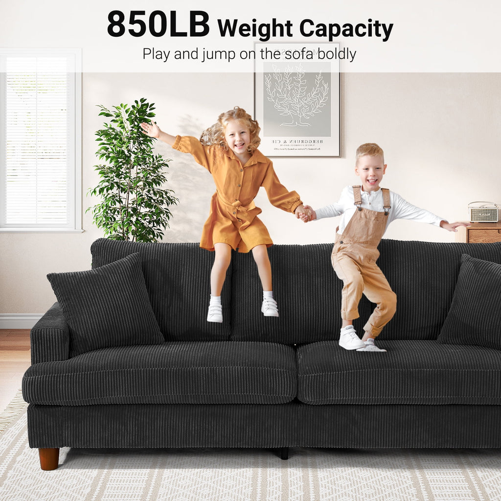 87" Corduroy Sofa,3 Seater Sofa with Extra Deep Seats,Neche Comfy Upholstered Couch for Living Room,2 Pillows,Green