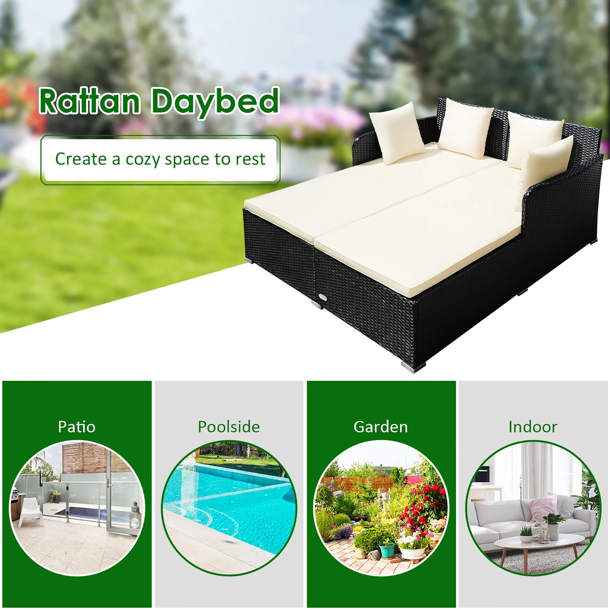 Costway Outdoor Patio Rattan Daybed Pillows Cushioned Sofa Furniture Beige