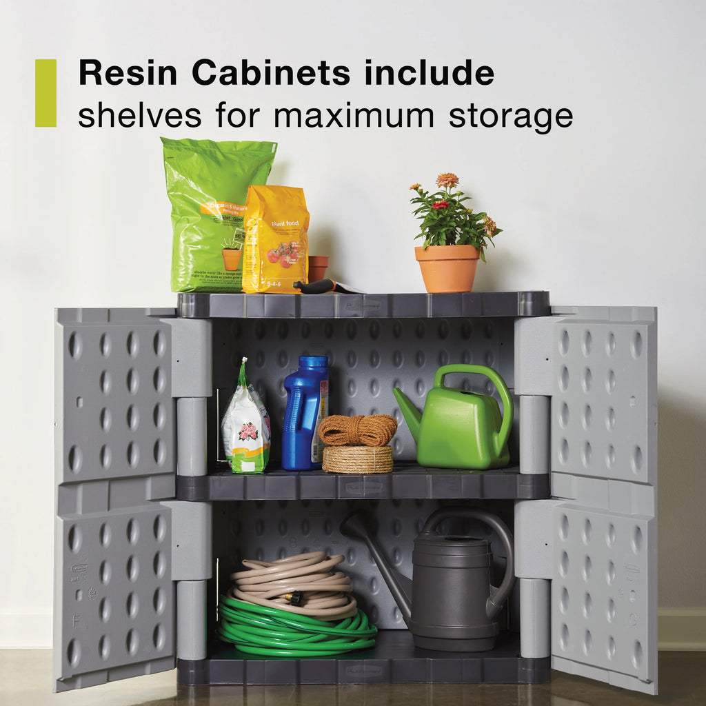 Rubbermaid Double-Door 2-Shelf Cabinet, Black and Gray