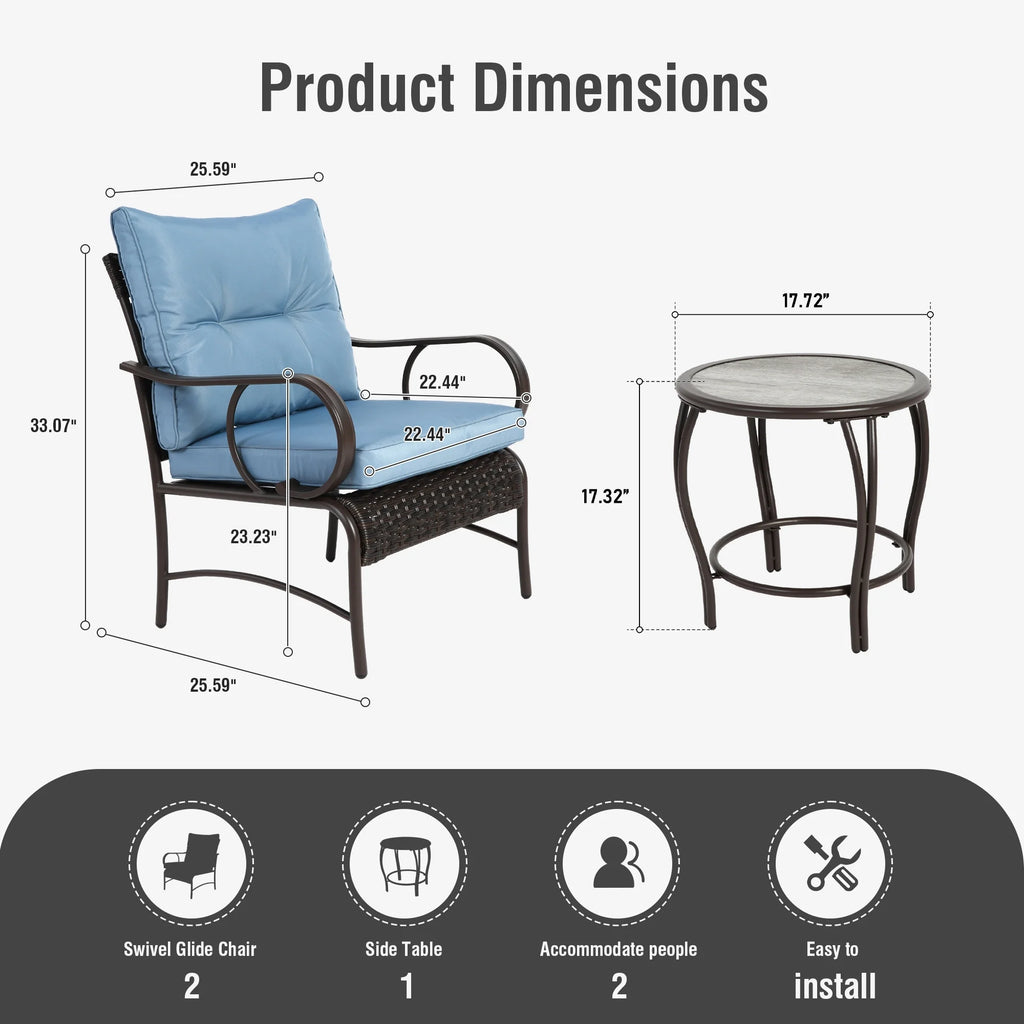 Villeston 3 Piece Outdoor Wicker Conversation Patio Set, with 2 Chairs, Table for Porch Garden,Blue