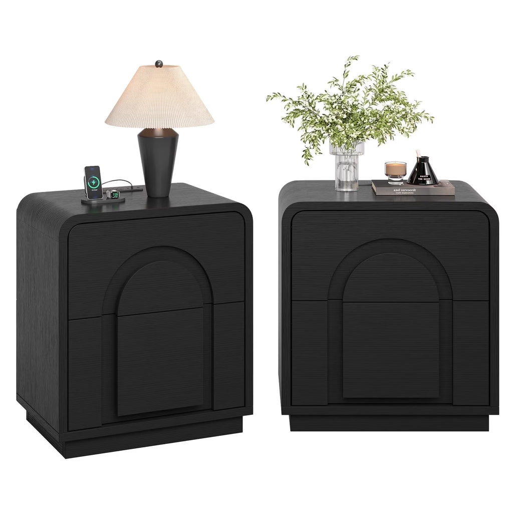 Bestier Nightstands Set of 2 with Charging Station, Modern Bedside Table End Table with Storage Drawer & Open Shelf for Bedroom Living Room Dorm Office, Natural