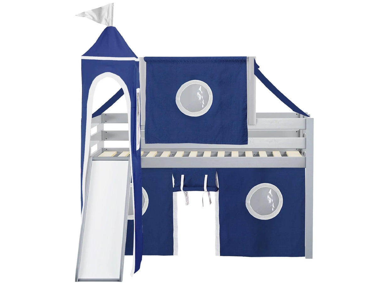 JACKPOT! Castle Low Loft Bed with Slide, Red Yellow and Blue Tent and Tower, Twin, Cherry