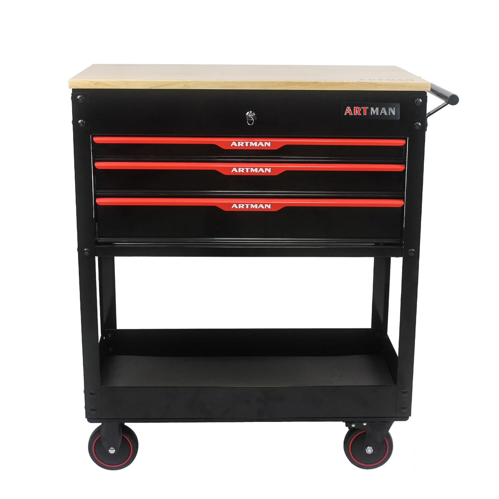 38-Inch Rolling Tool Chest, Tool Box with 3-Drawer, Multifunctional Mobile Tool Cabinet with Wheels and Wooden Top, Drawer Liner, Tool Cart for Workshop Mechanics Garage, Home Improvement