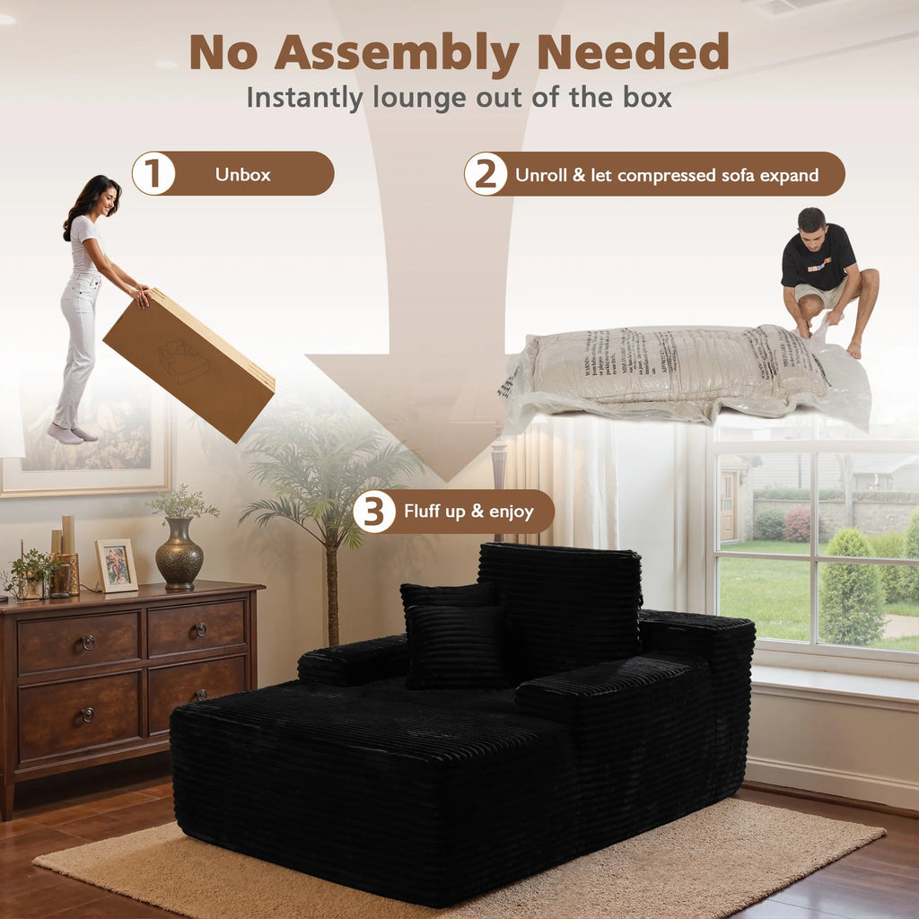 Ovios 67'' Oversized Chaise Lounge Chair Indoor Cloud Plush Corduroy Floor Sofa Bed Deep Seat No Assembly Couch for Living Room, Black