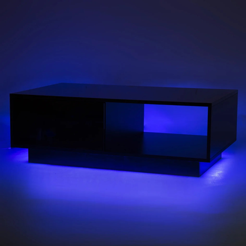 Hommpa LED Coffee Table Modern Side Tables High Gloss Black Cocktail Table with 2 Drawers Open Shelf for Living Room