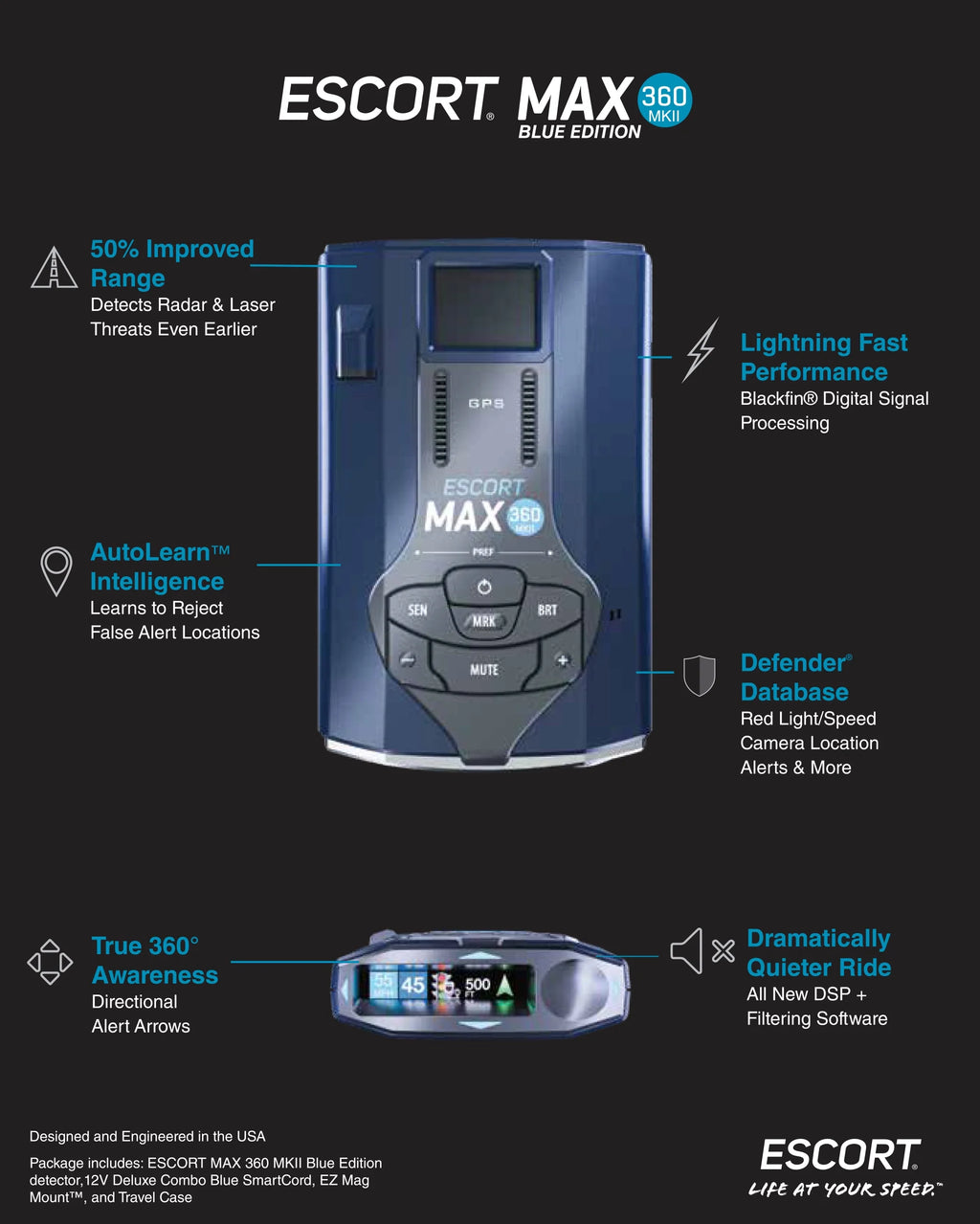 Escort MAX 360 MKII Bluetooth Radar Detector (Blue Edition), 360�� Awareness, Exceptional Range, Apple CarPlay & Android Auto