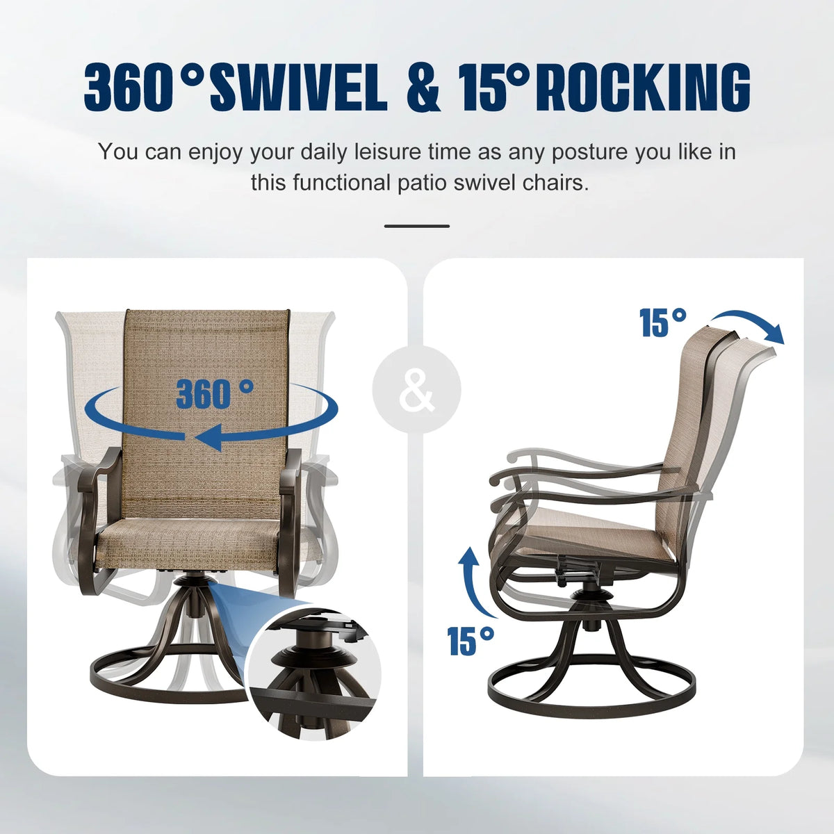 UDPATIO High Back Outdoor Dining Chairs Set of 2, All Weather Swivel Patio Chairs, Breathable Garden Outdoor Furniture for Backyard Deck
