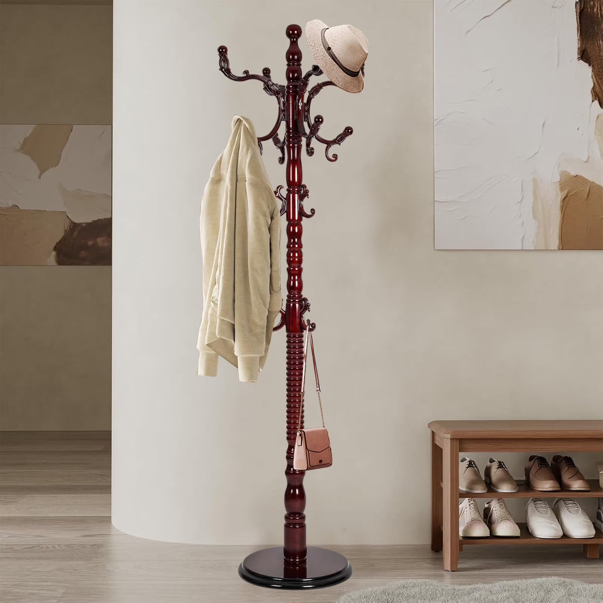 Coat Rack Freestanding, Hall Tree with 11 Hooks, Heavy Duty Wooden Coat Tree Stand, Adjustable Height, Sturdy Base for Bedroom Hallway Office - Load 270lbs