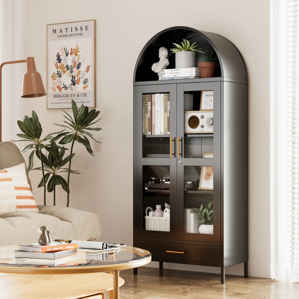 SUPEER Metal Arched Storage Display Cabinet with Glass Doors and Adjustable Shelves, Lockable Cabinet, Assembly Required, Black