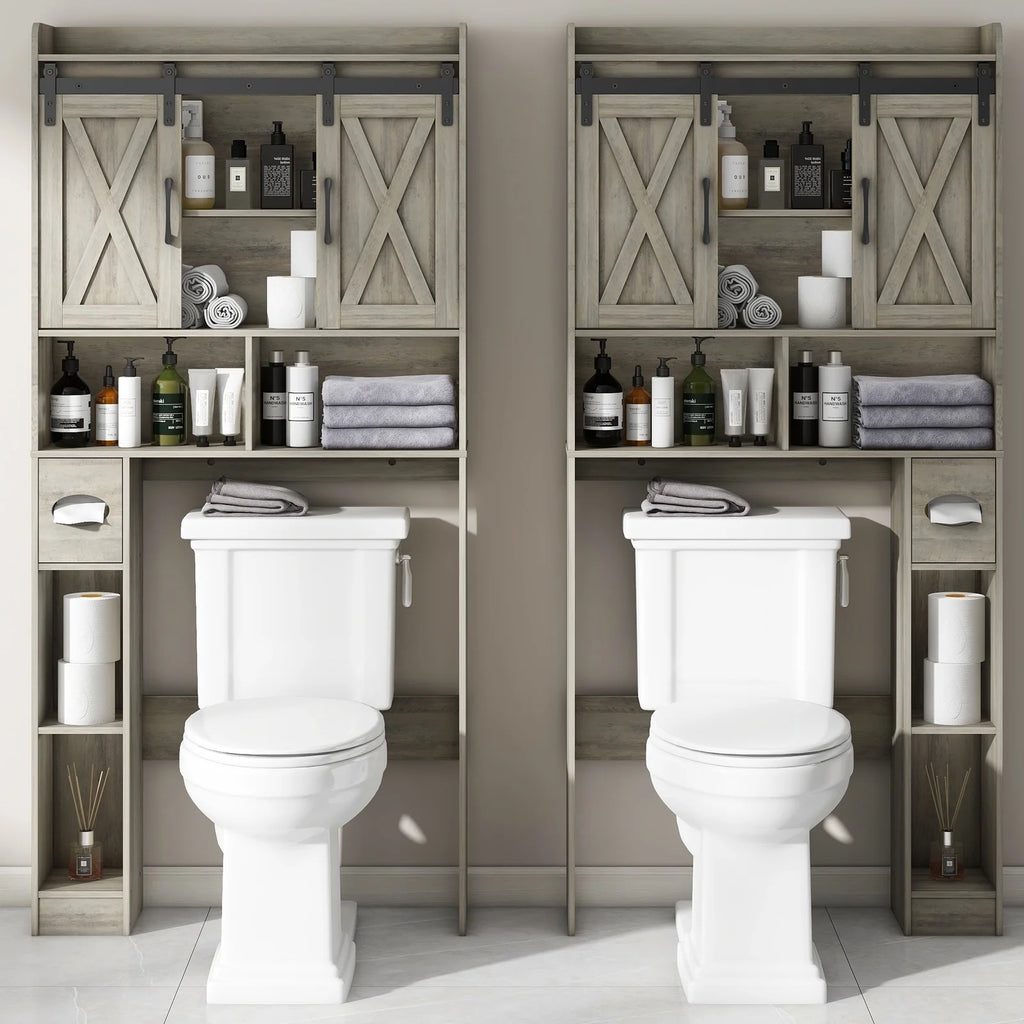 Over The Toilet Storage Cabinet, Farmhouse Storage Cabinet Over Toilet with Sliding Doors��Home Space-Saving Toilet Rack, for Bathroom, Restroom, Laundry