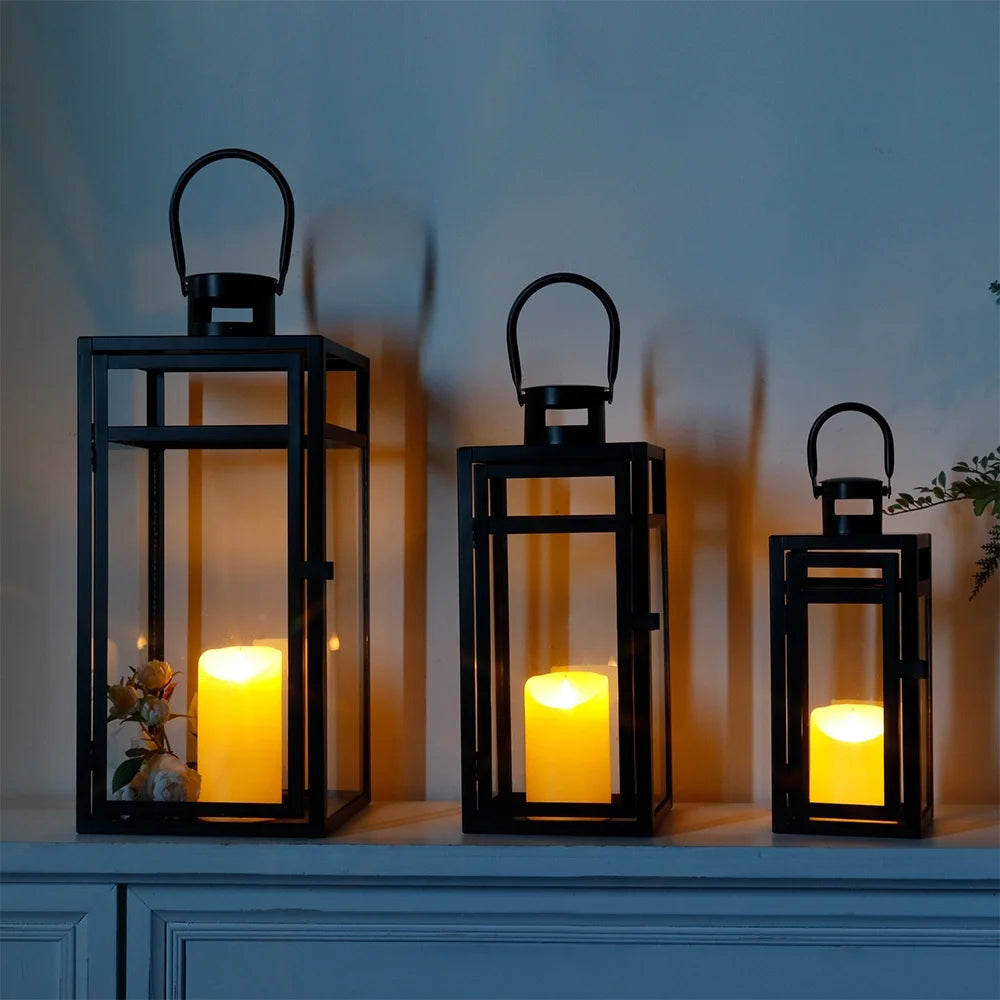 Stainless Steel Lantern Set of 3 12/15/19" Metal Lanterns with Tempered Glass for Parties & Events (Silver )