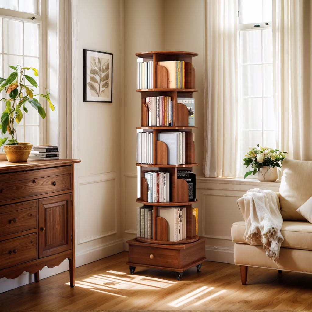 Qiushi 6-Tier Round Rotating Bookshelf with Storage Drawer, 360 Spinning Corner Bookshelf Tower for Small Space, Bookcase Storage Rack with Wheels, Wood Narrow Organizer for Bedroom, Living Room