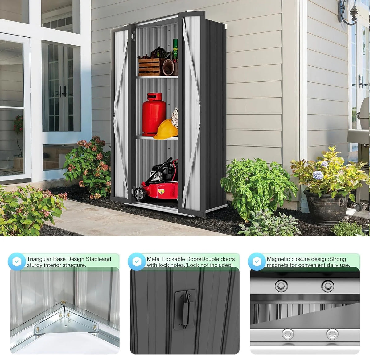 AECOJOY Outdoor Storage Cabinet Waterproof with Adjustable Shelves, Lockable Metal Outdoor Garden Storage Sheds Organizer in Brown, Versatile for Garage, Backyard, or Indoor Use