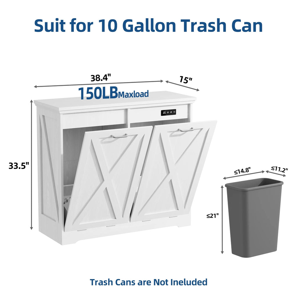 Tolead Double Tilt Out Trash Cabinet, Wooden Free Standing Laundry Sorter Cabinet, with Hideaway Drawer, White