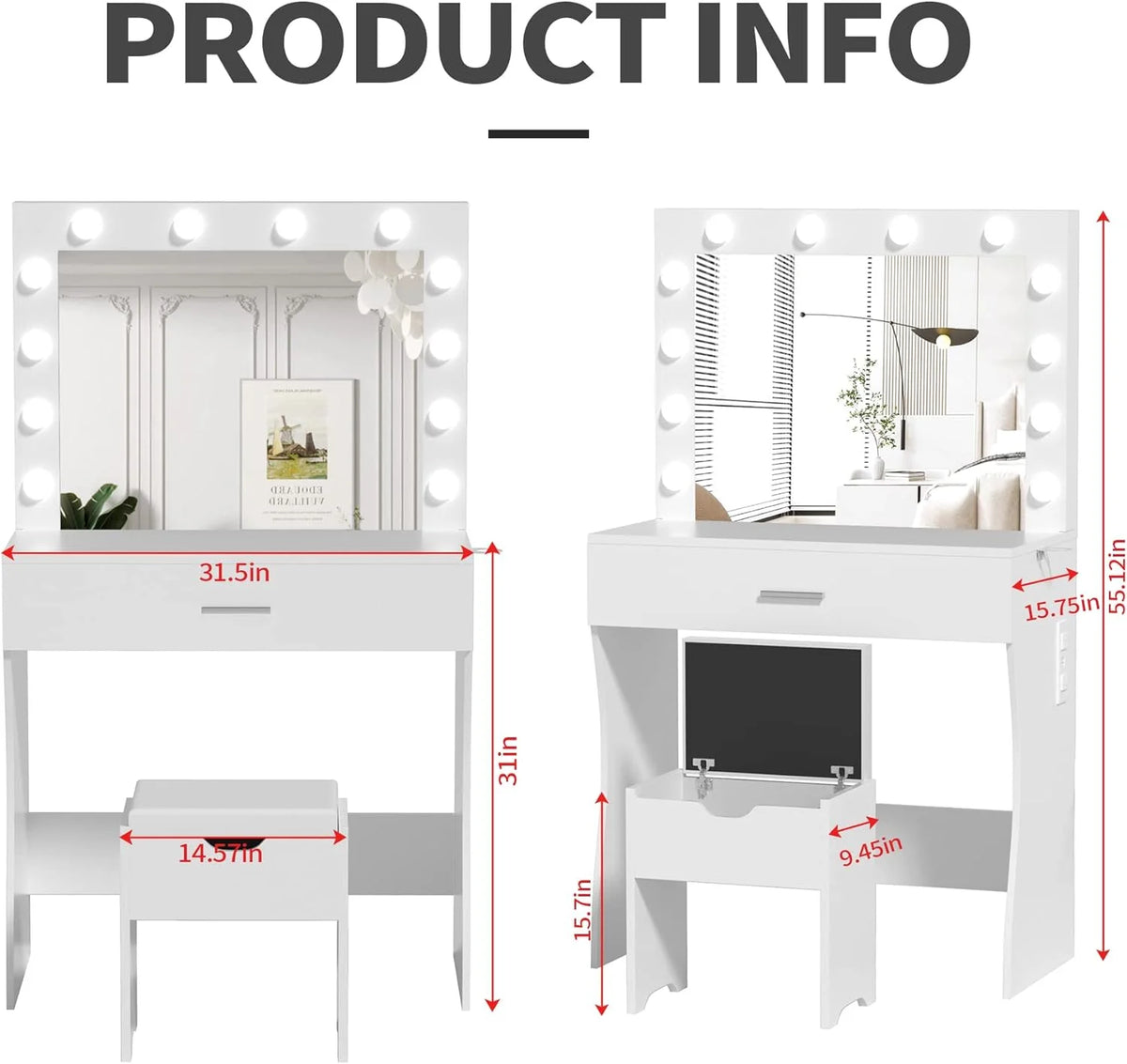 Vanity Table Set with Lighted Mirror,Makeup Vanity with Lights, Large Drawer Sturdy Wood Vanity, White