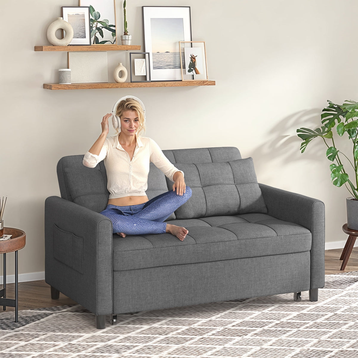 Sofa Bed, Lofka 3-in-1 Convertible Sleeper Sofa with Storage, Adjustable Backrest & Pull Out Function - Sleeper Chair for Small Space, Apartment, Dark Grey