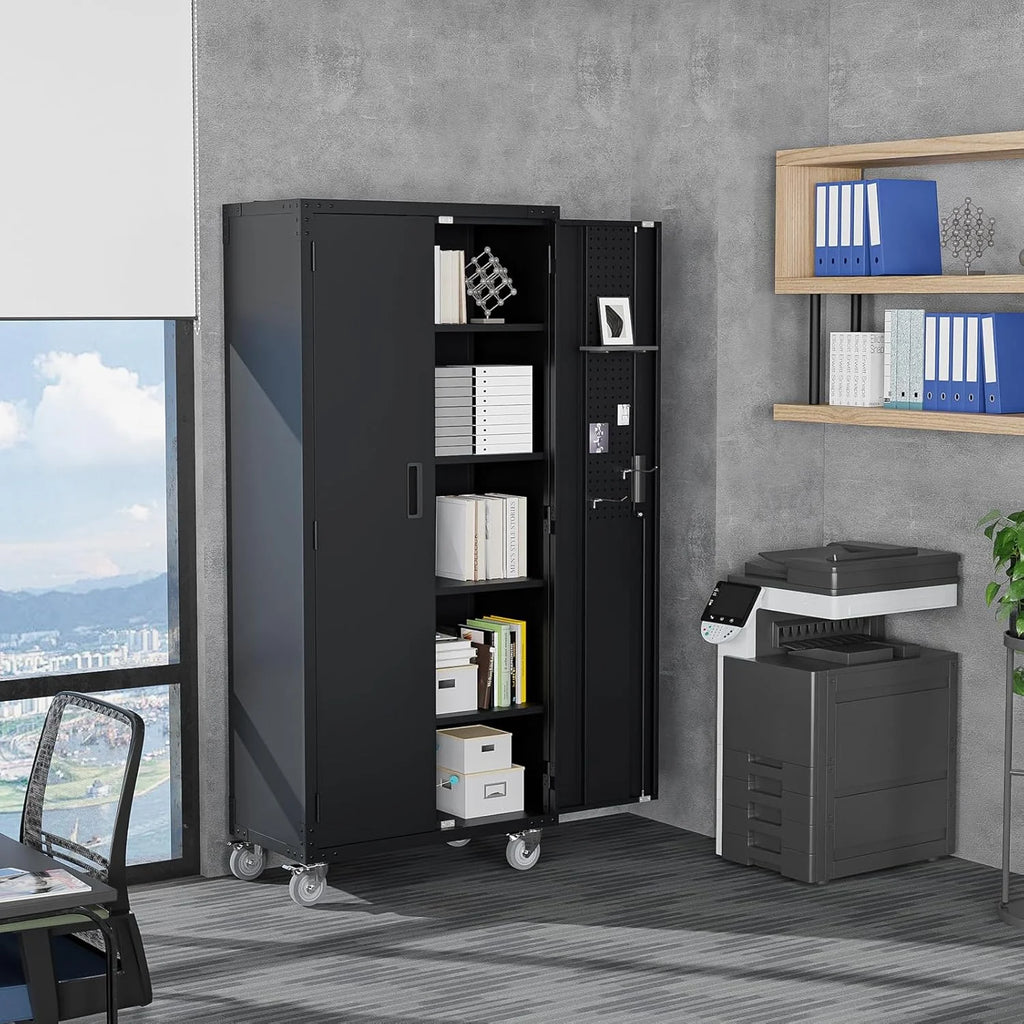 Ktaxon 72''H Garage Storage Cabinet with Pegboards, Metal Storage Cabinet with Wheels, Locking Doors and Adjustable Shelves, Black