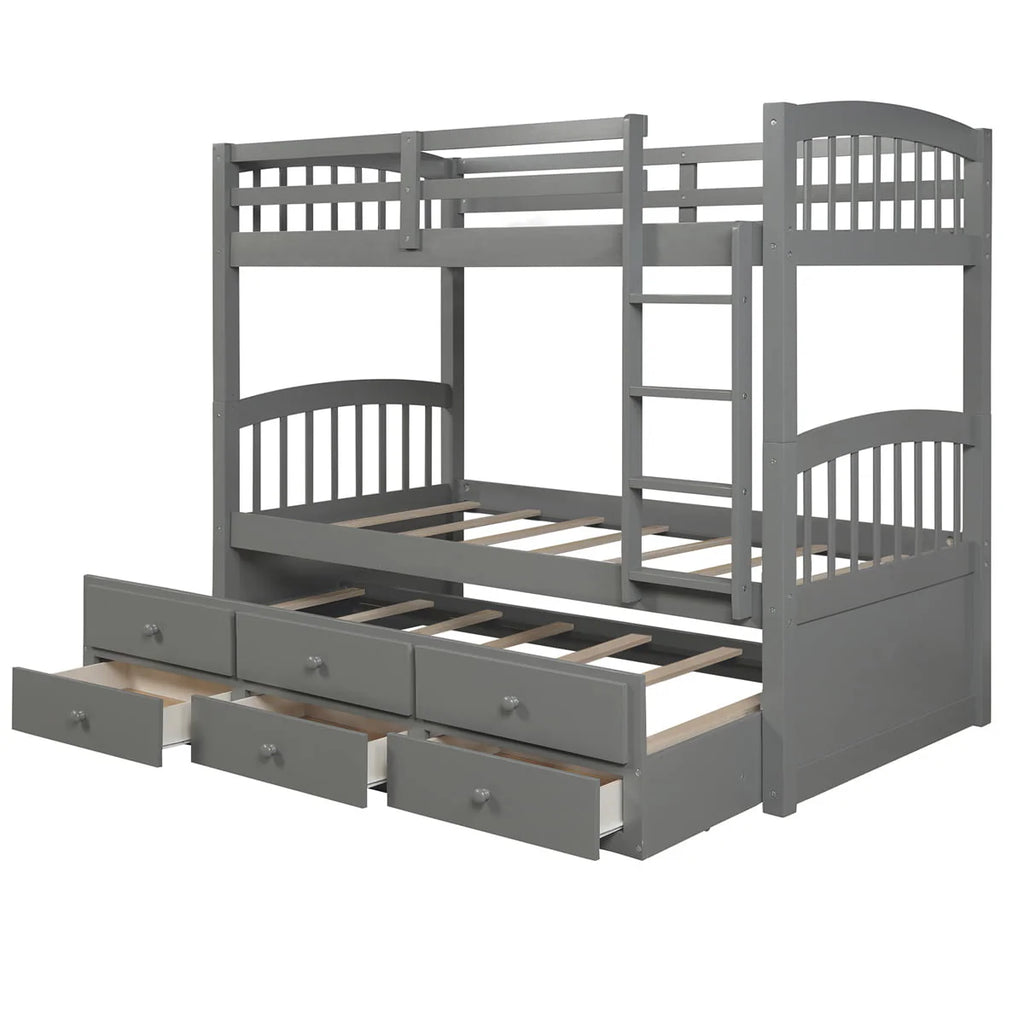 Twin-Over-Twin Bunk Bed with 3 Storage Drawers, Twin Bunk Bed Frame with Ladder & Safety Rail, Pinewood Trundle Bunk Bed for Teen Bedroom, Guest Room Furniture, Can be Convertible to 2 Beds, Gray