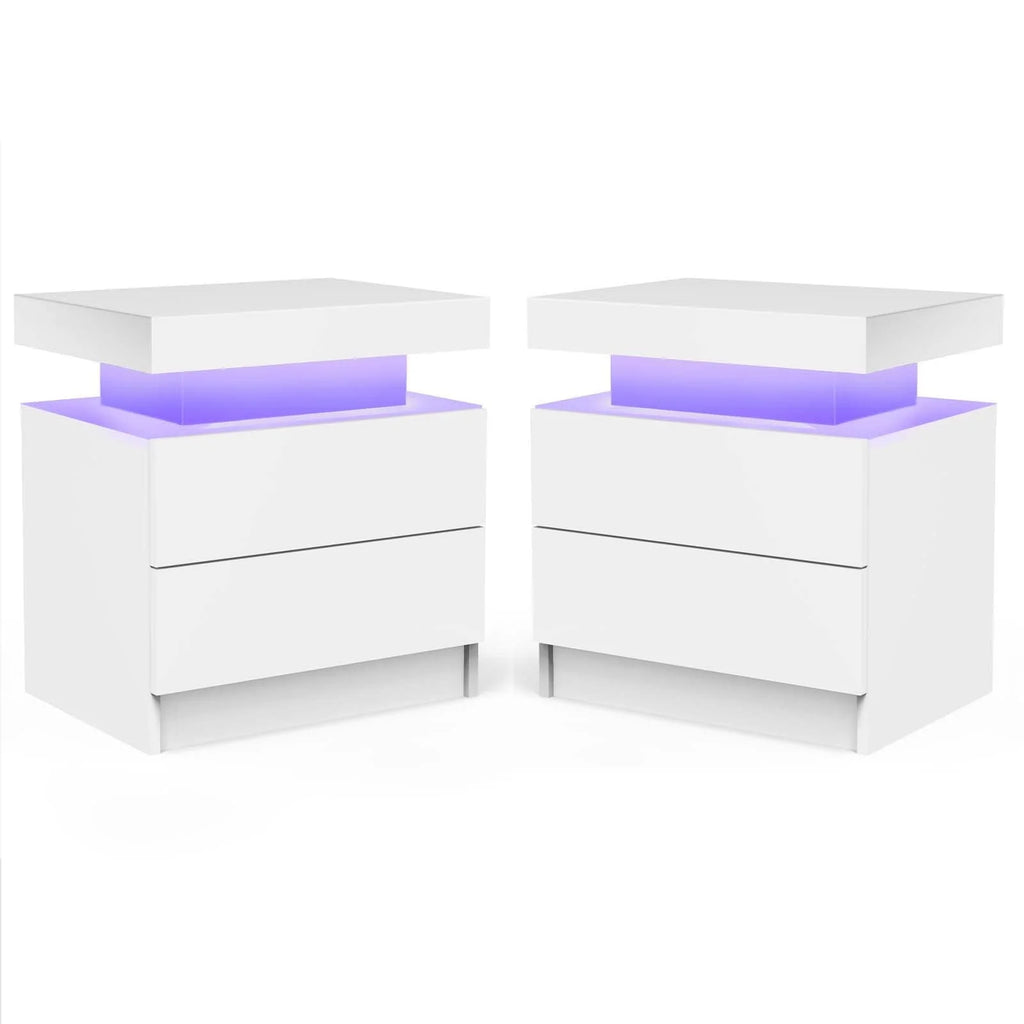 LED Nightstand Set of 2, Modern Bedside Table with 2 Drawers Storage Space, Adjustable Colors LED Light, Black