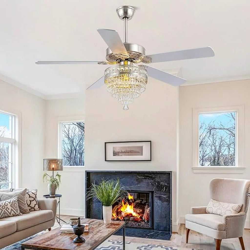 YIOSI 52" Crystal Ceiling Fan Fandelier with Remote Control, Modern Chrome Chandelier Ceiling Fan, Whisper-Quiet Motor, Reversible Blades, LED Lighting, Energy-Efficient, Elegant Living Room Fan