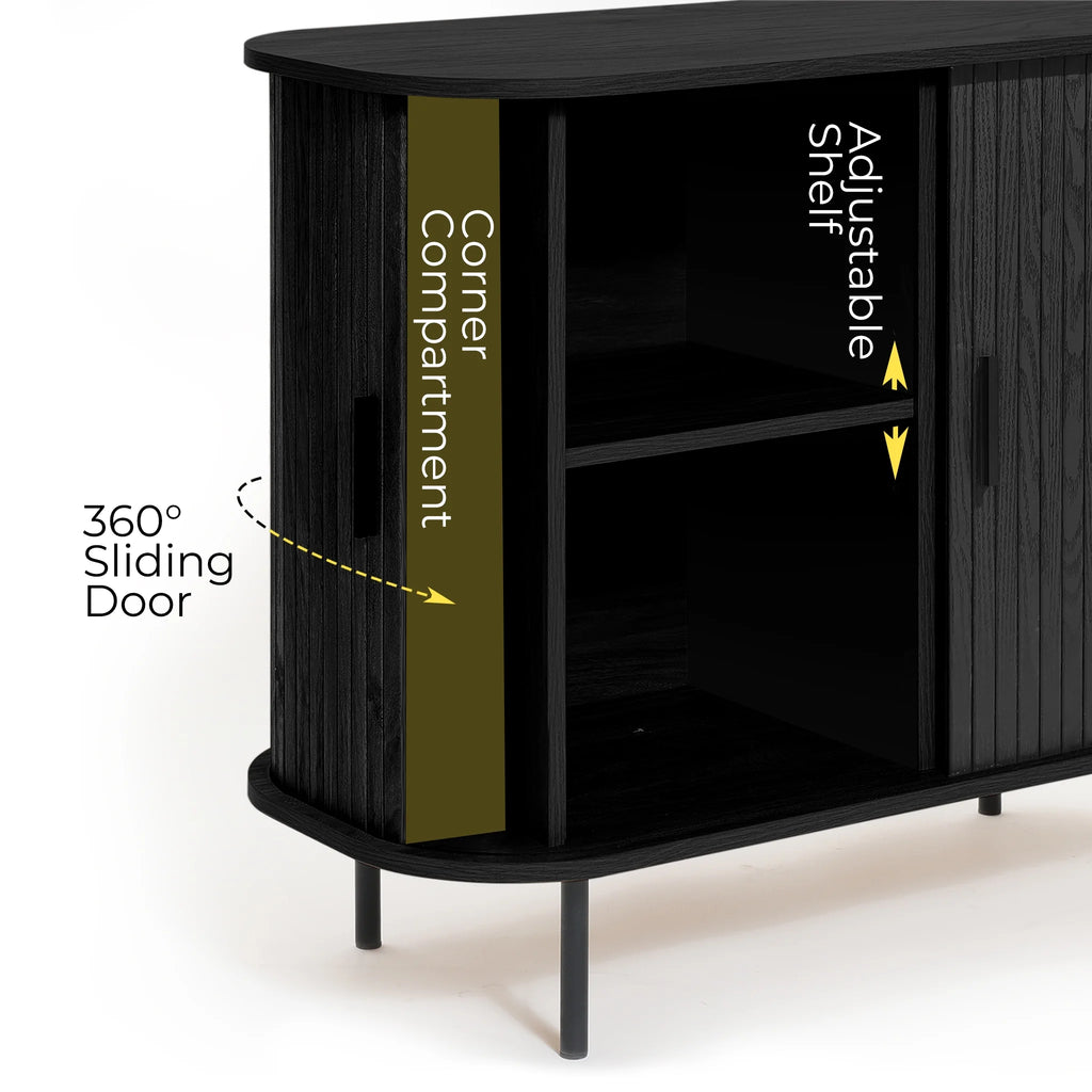 LuxenHome 35" Mid Century Modern Accent Cabinet, Small Buffet Cabinet with Sliding Door, Oak