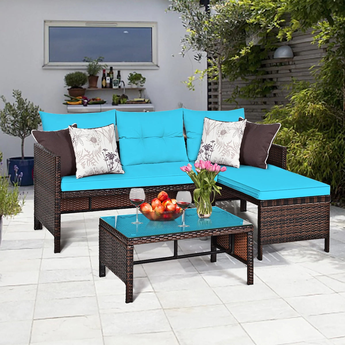 Costway 3PCS Patio Wicker Rattan Sofa Set Outdoor Sectional Conversation Set Turquoise